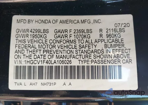 2020 Honda Accord Ex from USA, damaged, VIN 1HGCV1F40LA106026
